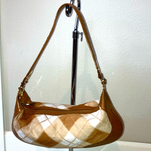Escada Argule Camel Tan White Calf hair Leather Luna Handbag